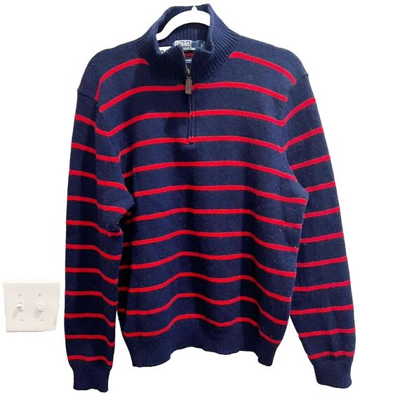 Polo Ralph Lauren Mens Navy Sweater XL Red Striped Wool 1/4 Zip Preppy Classic - Picture 1 of 11